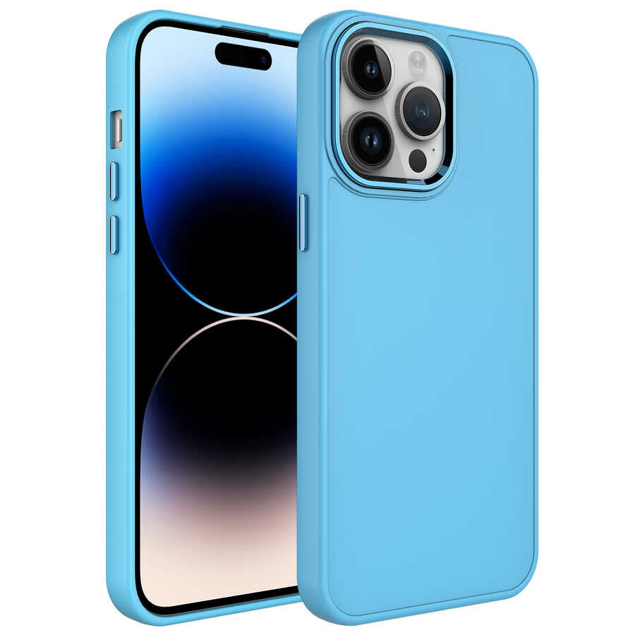 Apple iPhone 13 Pro Max Kılıf Metal Çerçeve ve Buton Tasarımlı Silikon Zore Luna Kapak Sierra Mavi