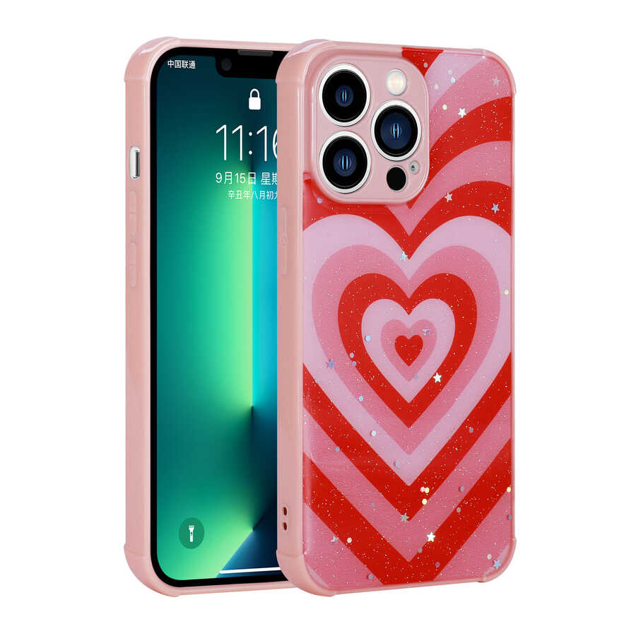 Apple iPhone 13 Pro Max Kılıf Simli Desenli Kamera Korumalı Parlak Zore Popy Kapak Kalp