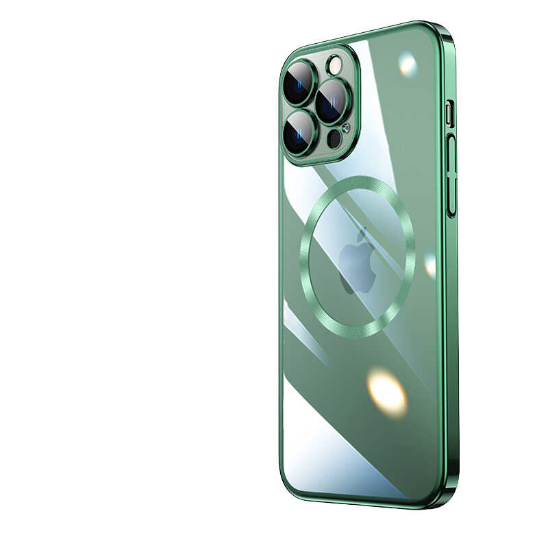 Apple iPhone 13 Pro Max Kılıf Wireless Şarj Özellikli Sert PC Zore Riksos M-safe Kapak Koyu Yeşil