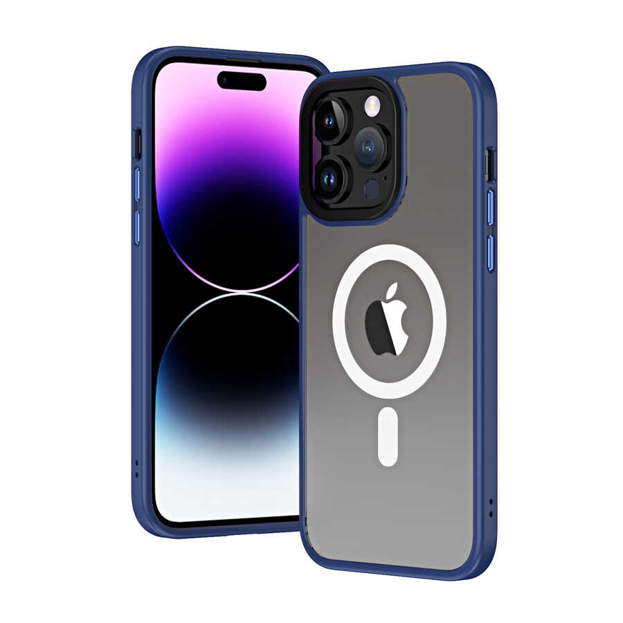 Apple iPhone 13 Pro Max Kılıf Wireless Şarj Özellikli Zore Hibrit M-safe Kapak Mavi Açık