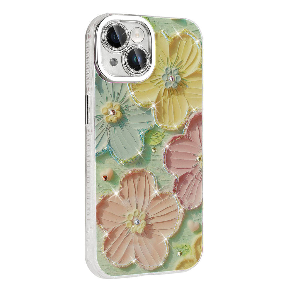 Apple iPhone 14 Kılıf Çiçek Desenli Parlak Taşlı Sert Silikon Zore Garden Kapak Colorful