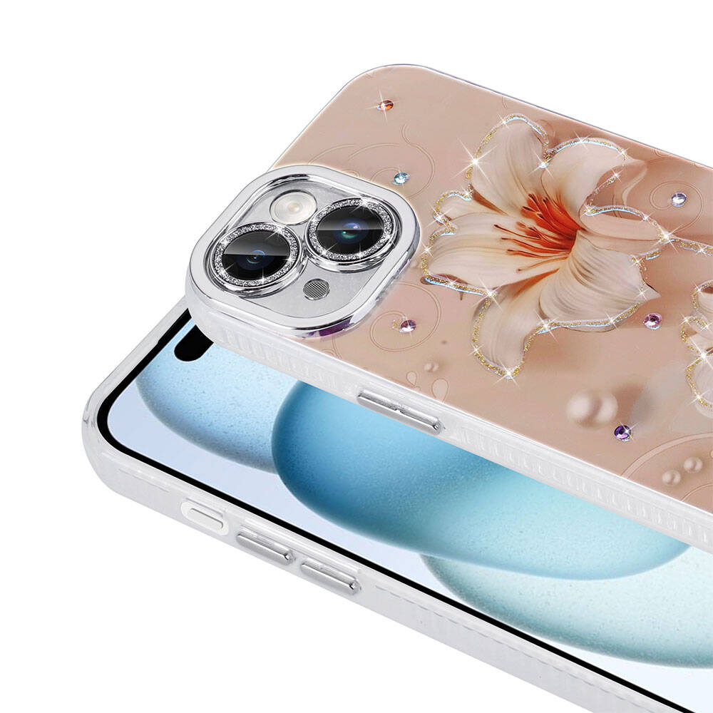 Apple iPhone 14 Kılıf Çiçek Desenli Parlak Taşlı Sert Silikon Zore Garden Kapak Colorful