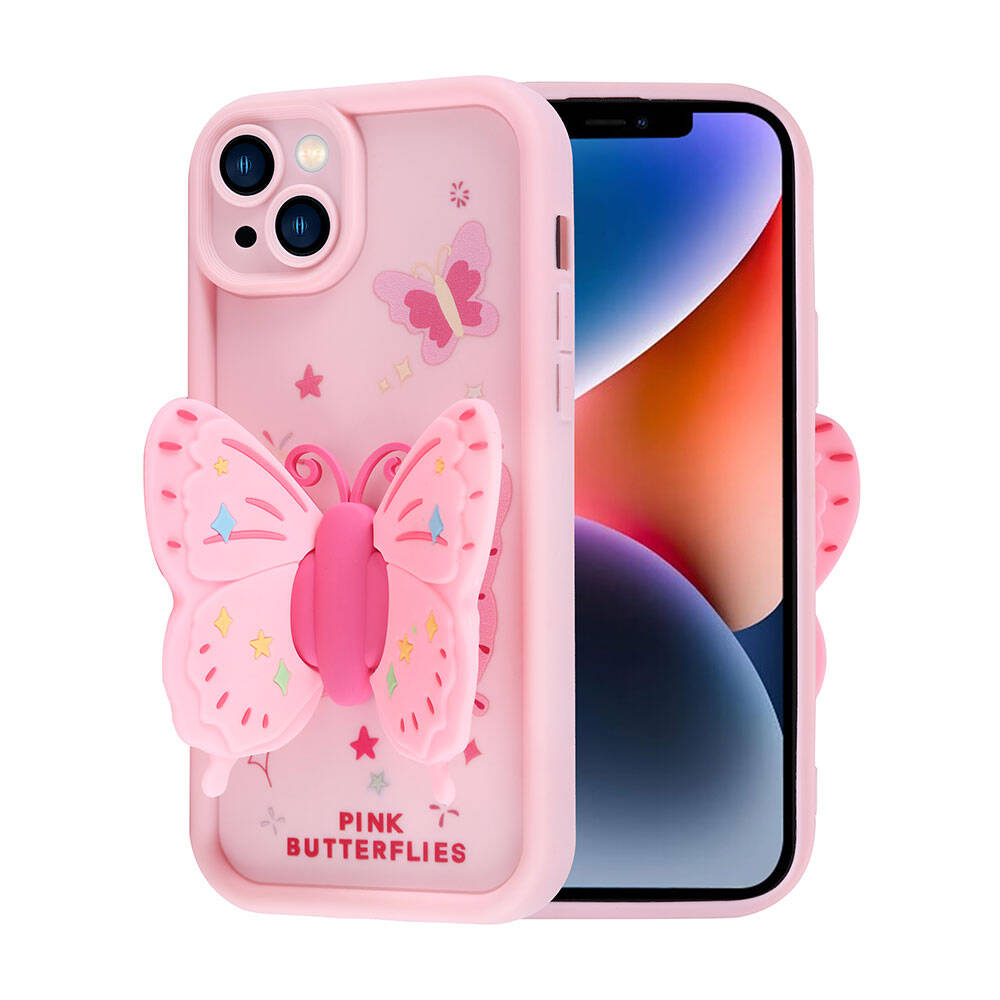 Apple iPhone 14 Kılıf Kamera Korumalı Figür Tasarımlı Zore Kapya Kapak Pembe Açık