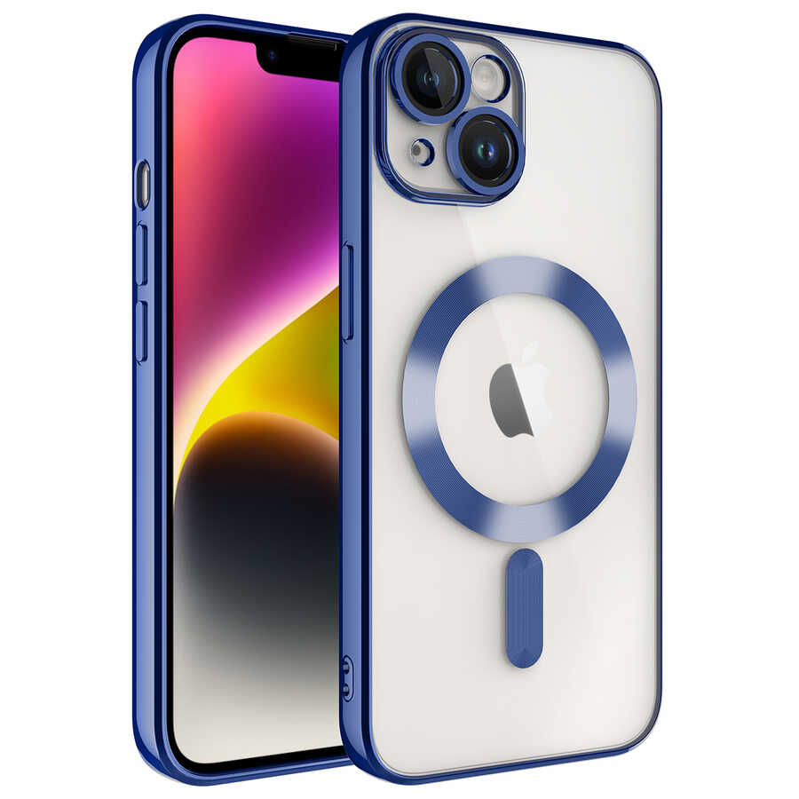 Apple iPhone 14 Kılıf Kamera Korumalı M-safe Wireless Şarj Özellikli Zore Demre Kapak Sierra Mavi