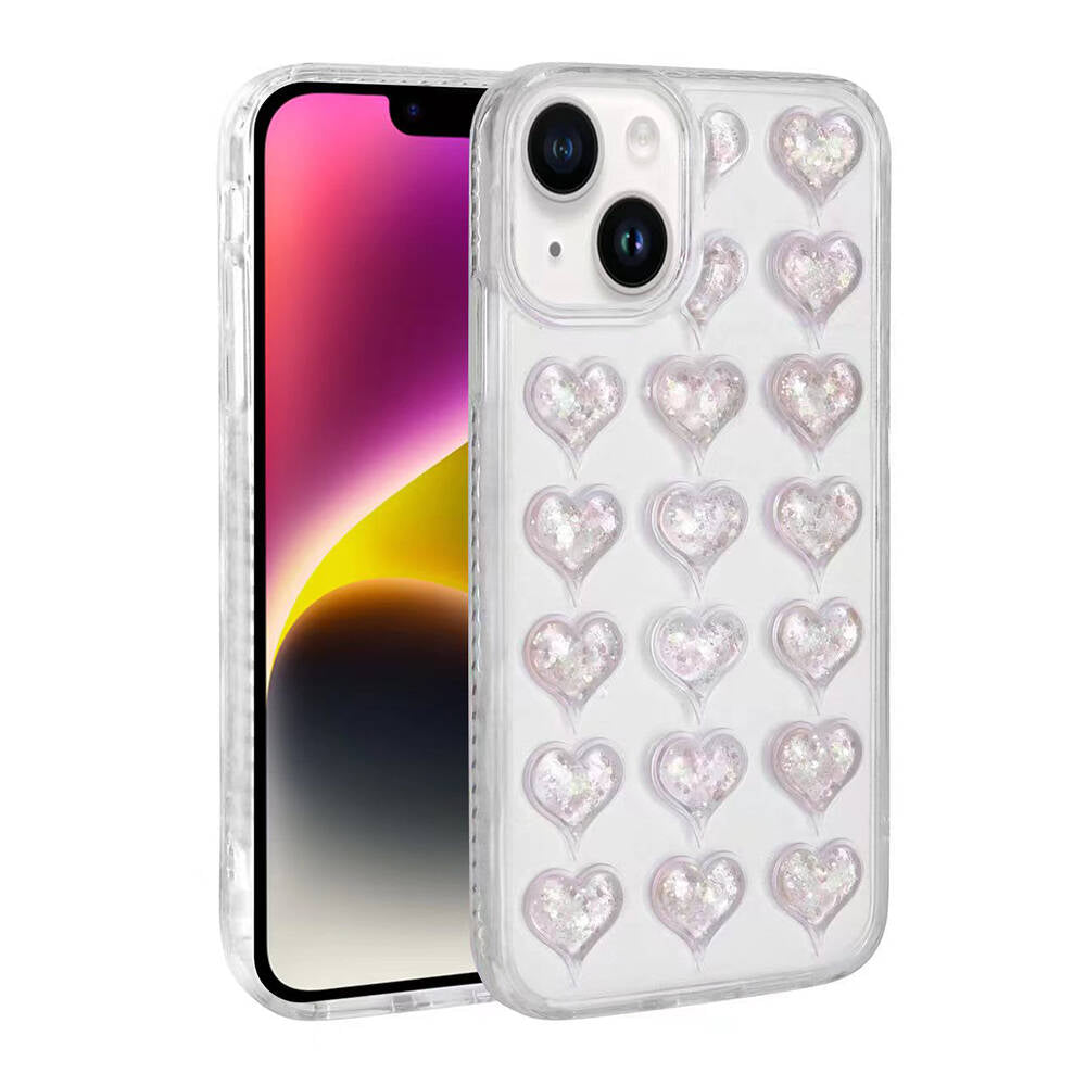 Apple iPhone 14 Kılıf Kamera Korumalı Renkli Kalp Desenli Transparan Zore Kalp Kapak Pembe