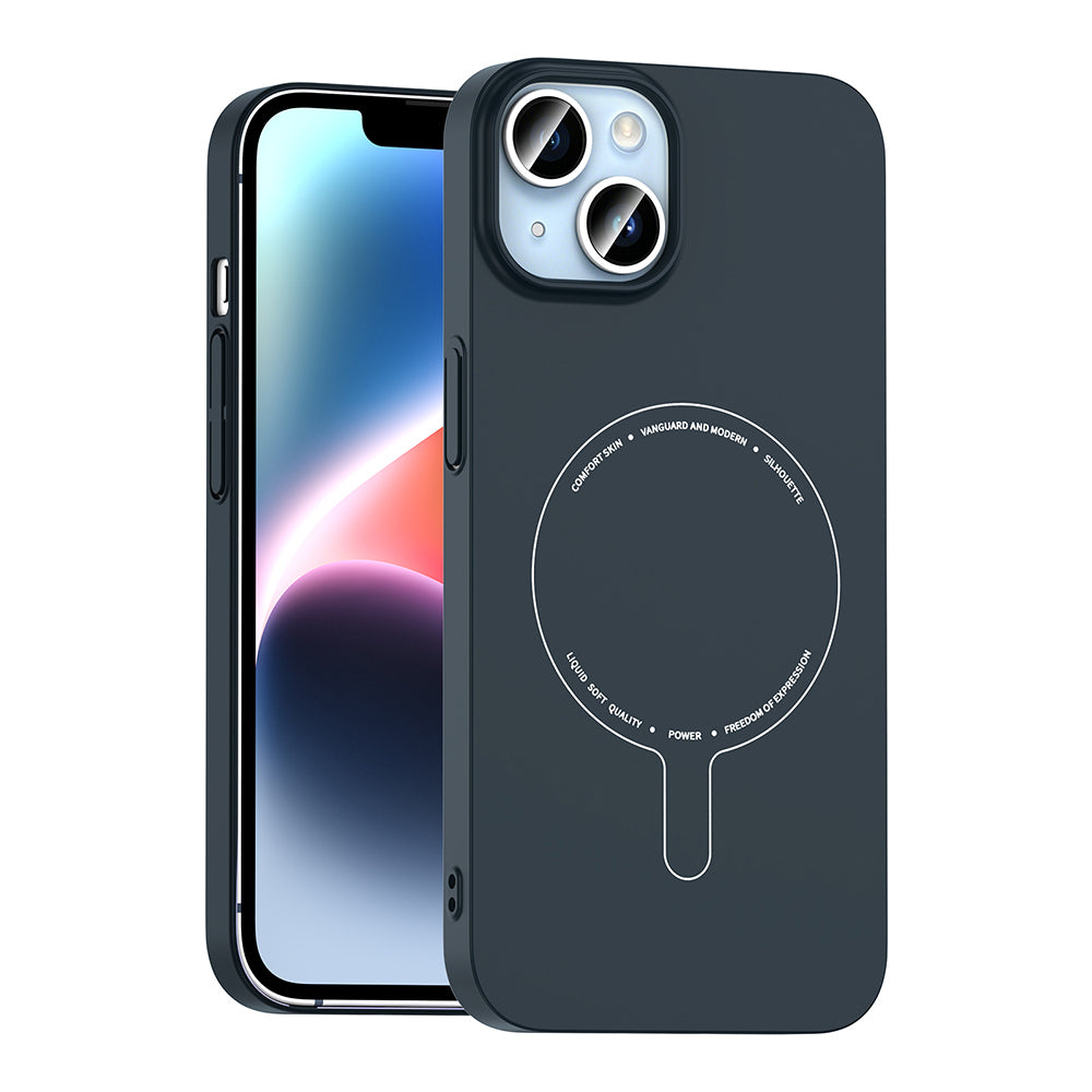 Apple iPhone 14 Kılıf M-Safe Şarj Özellikli Kamera Korumalı Zore Elio Sert PC Kapak Lacivert