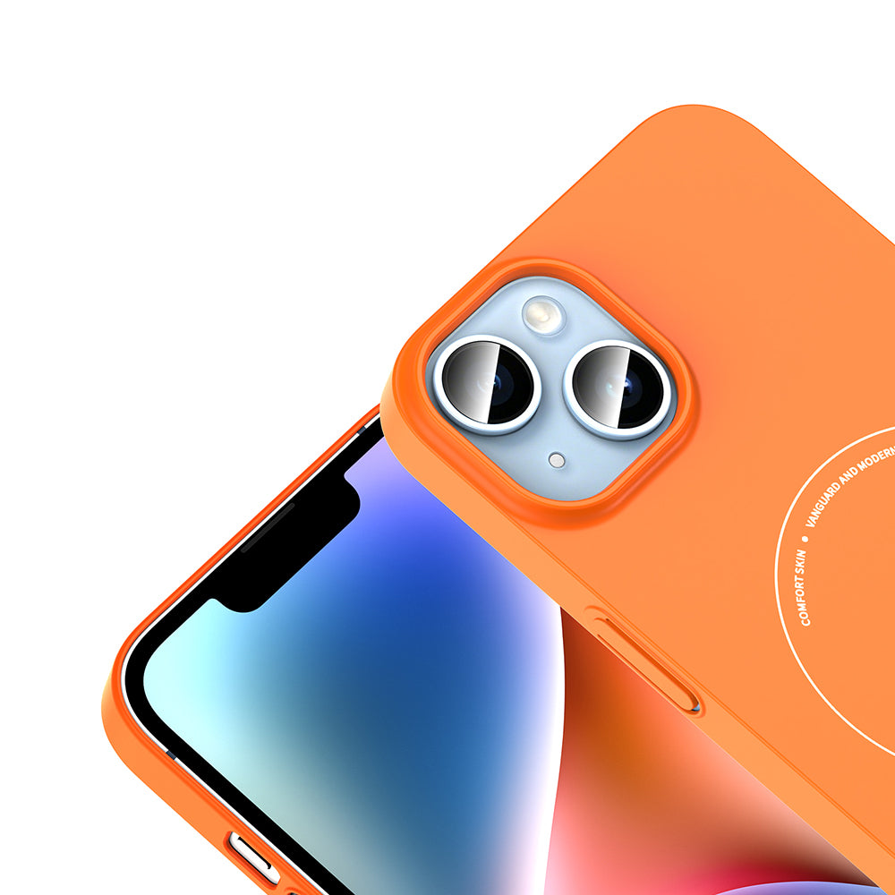 Apple iPhone 14 Kılıf M-Safe Şarj Özellikli Kamera Korumalı Zore Elio Sert PC Kapak Turuncu