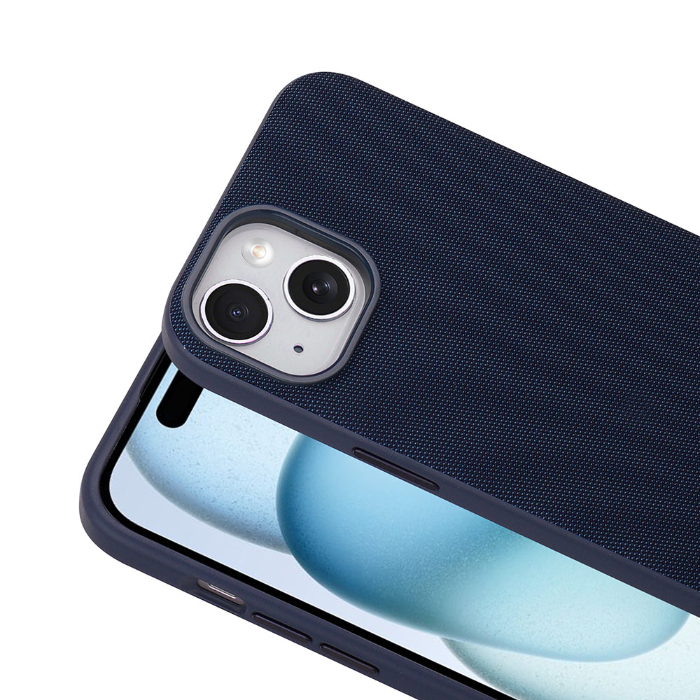 Apple iPhone 14 Kılıf M-Safe Şarj Özellikli Kumaş Tasarımlı Zore Miami Sert PC Kapak Lacivert