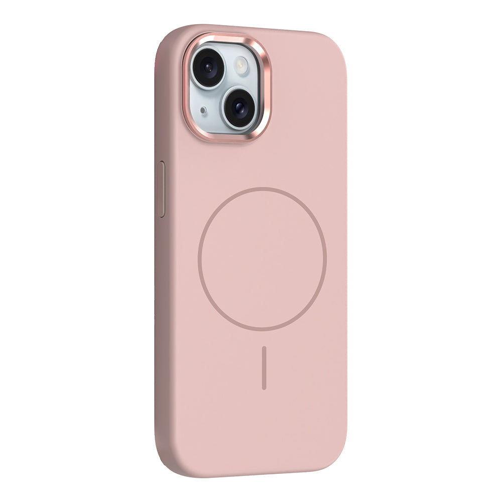 Apple iPhone 14 Kılıf M-Safe Şarj Özellikli Metal Kamera Çerçeveli Zore Edi Silikon Kapak Rose Gold