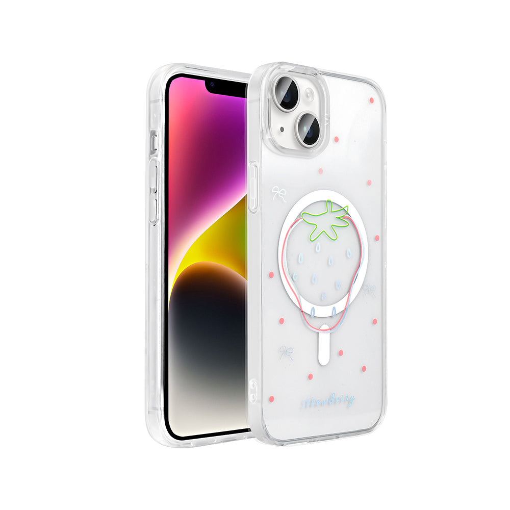 Apple iPhone 14 Kılıf M-Safe Şarj Özellikli Şeffaf Zore Folk Sert Kapak Çilek