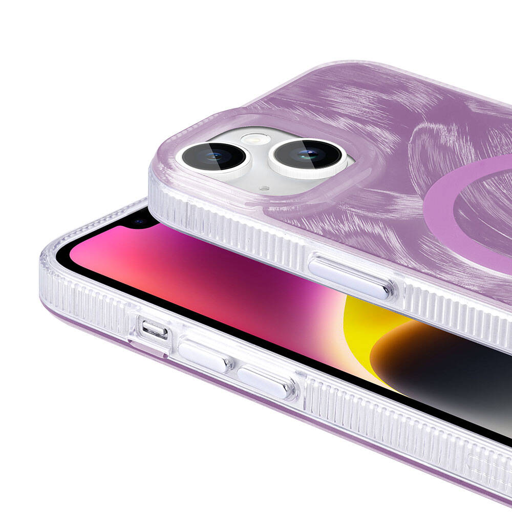 Apple iPhone 14 Kılıf M-safe Şarj Özellikli Fırça Boya Desenli Zore Palet Kapak Mor