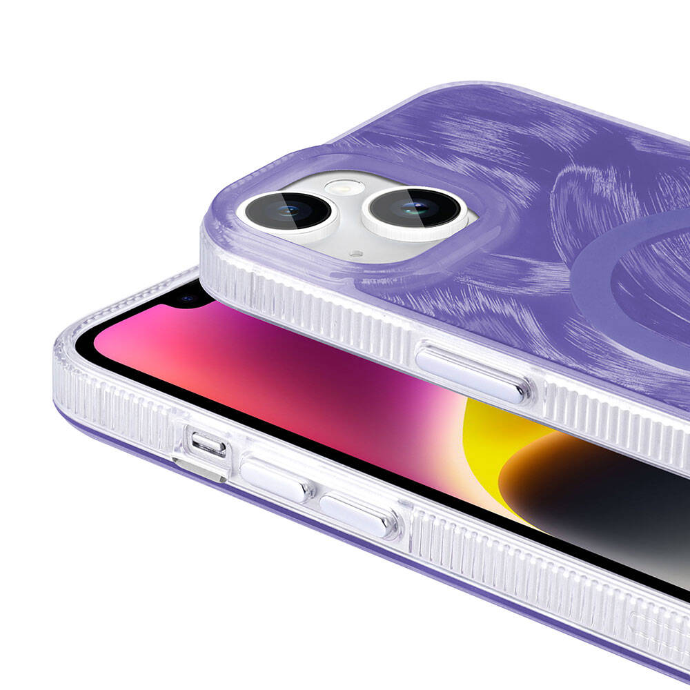 Apple iPhone 14 Kılıf M-safe Şarj Özellikli Fırça Boya Desenli Zore Palet Kapak Mor