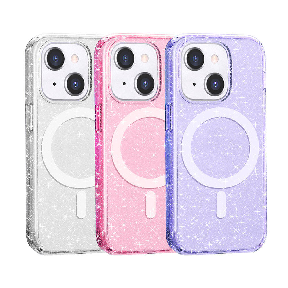 Apple iPhone 14 Kılıf M-safe Şarj Özellikli Parlayan Simli Saydam Renkli Zore Allstar Kapak Pembe