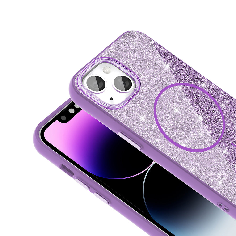 Apple iPhone 14 Kılıf M-safe Şarj Özellikli Parlayan Simli Zore Okso Kapak Beyaz