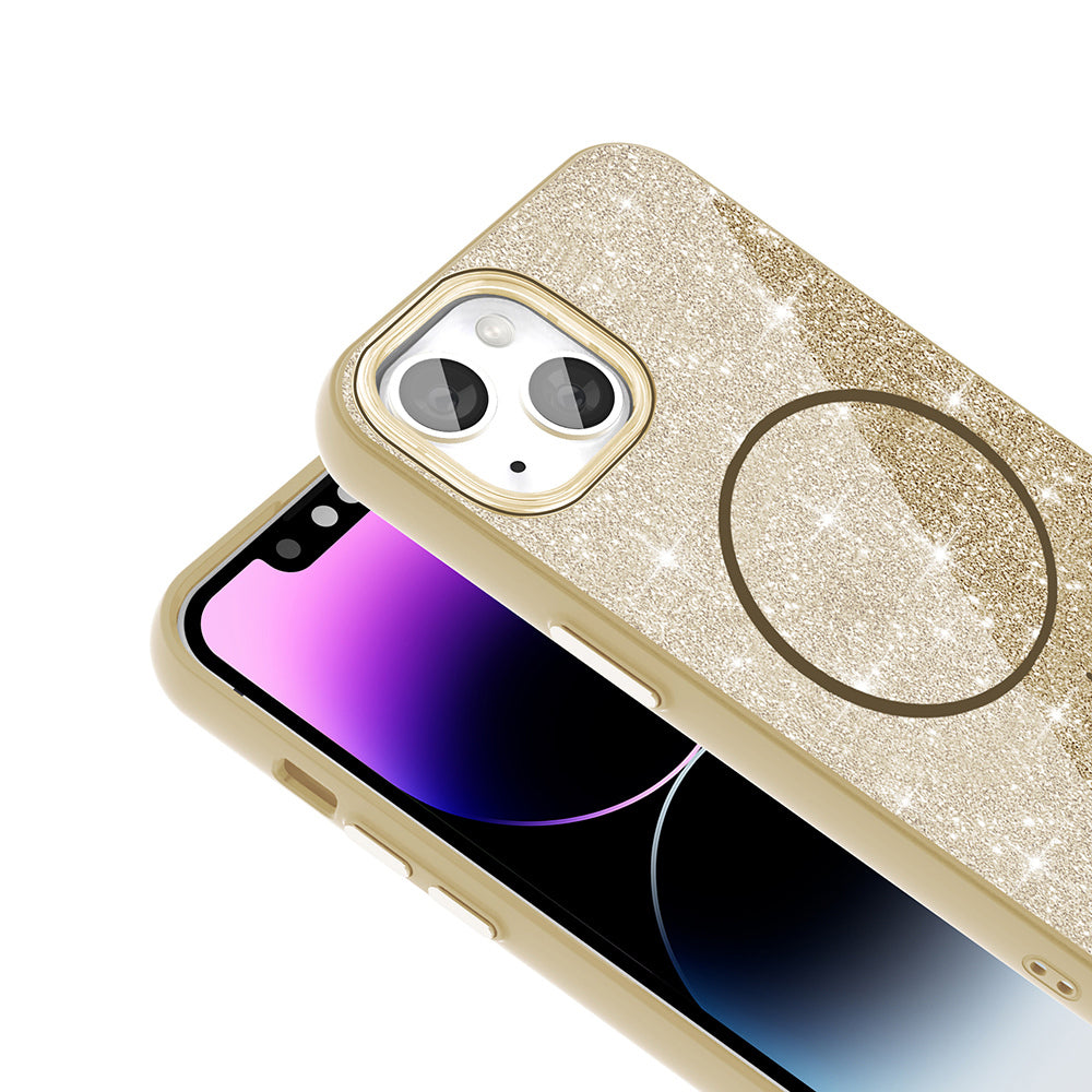 Apple iPhone 14 Kılıf M-safe Şarj Özellikli Parlayan Simli Zore Okso Kapak Beyaz