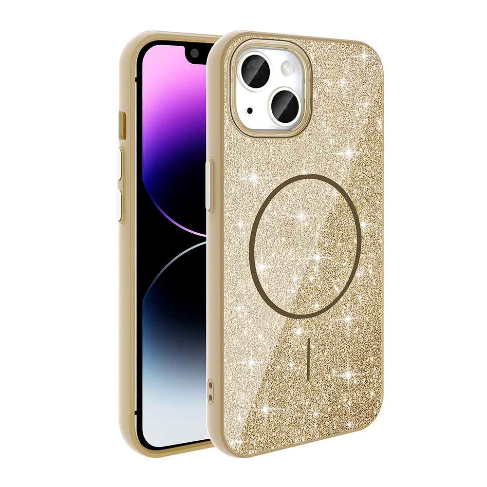 Apple iPhone 14 Kılıf M-safe Şarj Özellikli Parlayan Simli Zore Okso Kapak Gold