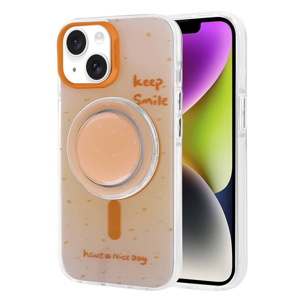 Apple iPhone 14 Kılıf M-safe Şarj Özellikli Tak-Çıkar Pop Soketli Zore Tiktok Kapak Turuncu