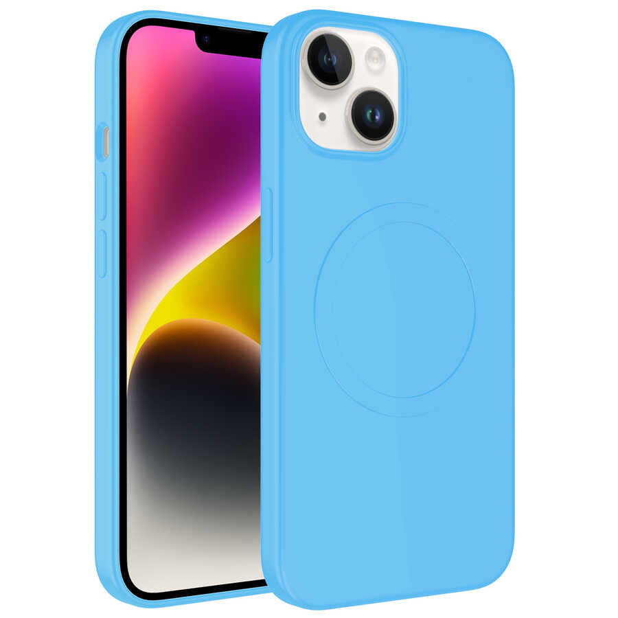 Apple iPhone 14 Kılıf M-safe Wireless Şarj Özellikli Pastel Renk Silikon Zore Plas Kapak Mavi Açık