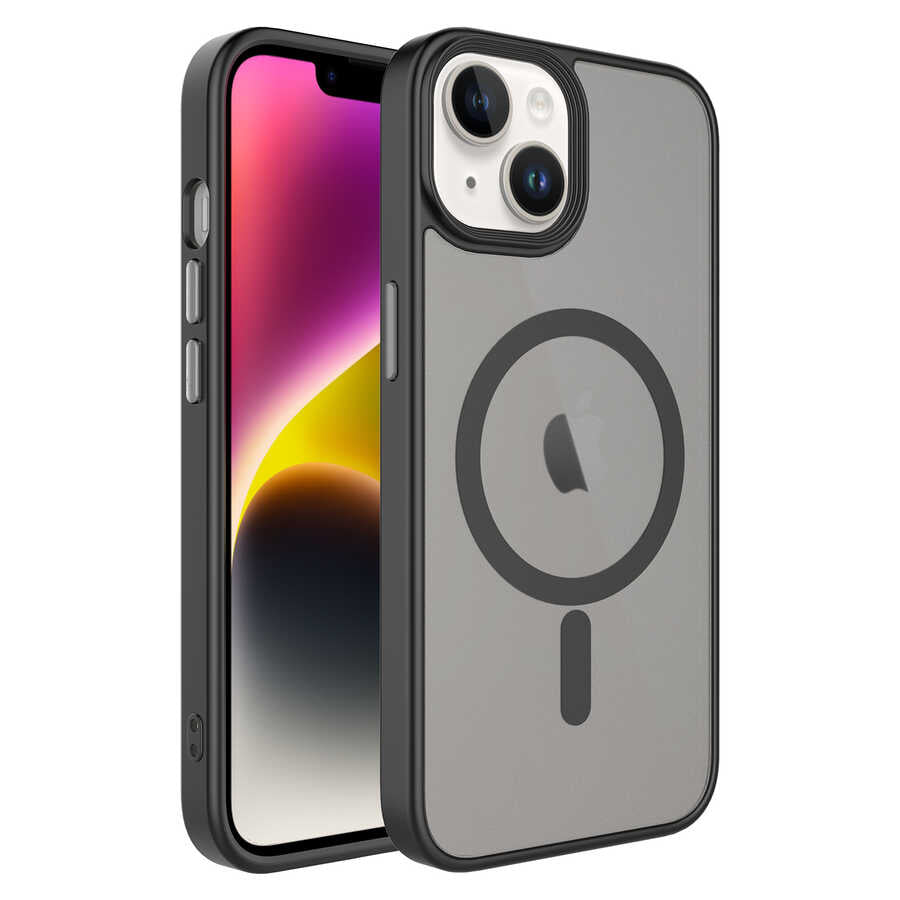 Apple iPhone 14 Kılıf Mat Arka Yüzey Wireless Şarj Özellikli Zore Flet M-safe Kapak Gri