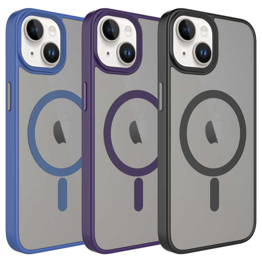 Apple iPhone 14 Kılıf Mat Arka Yüzey Wireless Şarj Özellikli Zore Flet M-safe Kapak Mavi