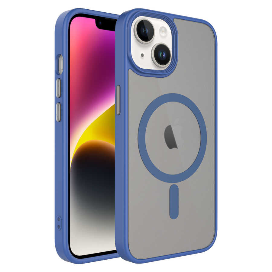 Apple iPhone 14 Kılıf Mat Arka Yüzey Wireless Şarj Özellikli Zore Flet M-safe Kapak Mavi