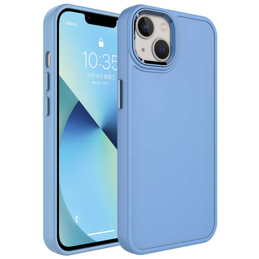 Apple iPhone 14 Kılıf Metal Çerçeve ve Buton Tasarımlı Sert Zore Botox Kapak Mavi