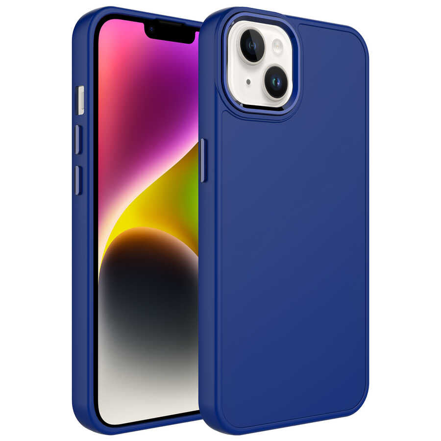 Apple iPhone 14 Kılıf Metal Çerçeve ve Buton Tasarımlı Silikon Zore Luna Kapak Lacivert