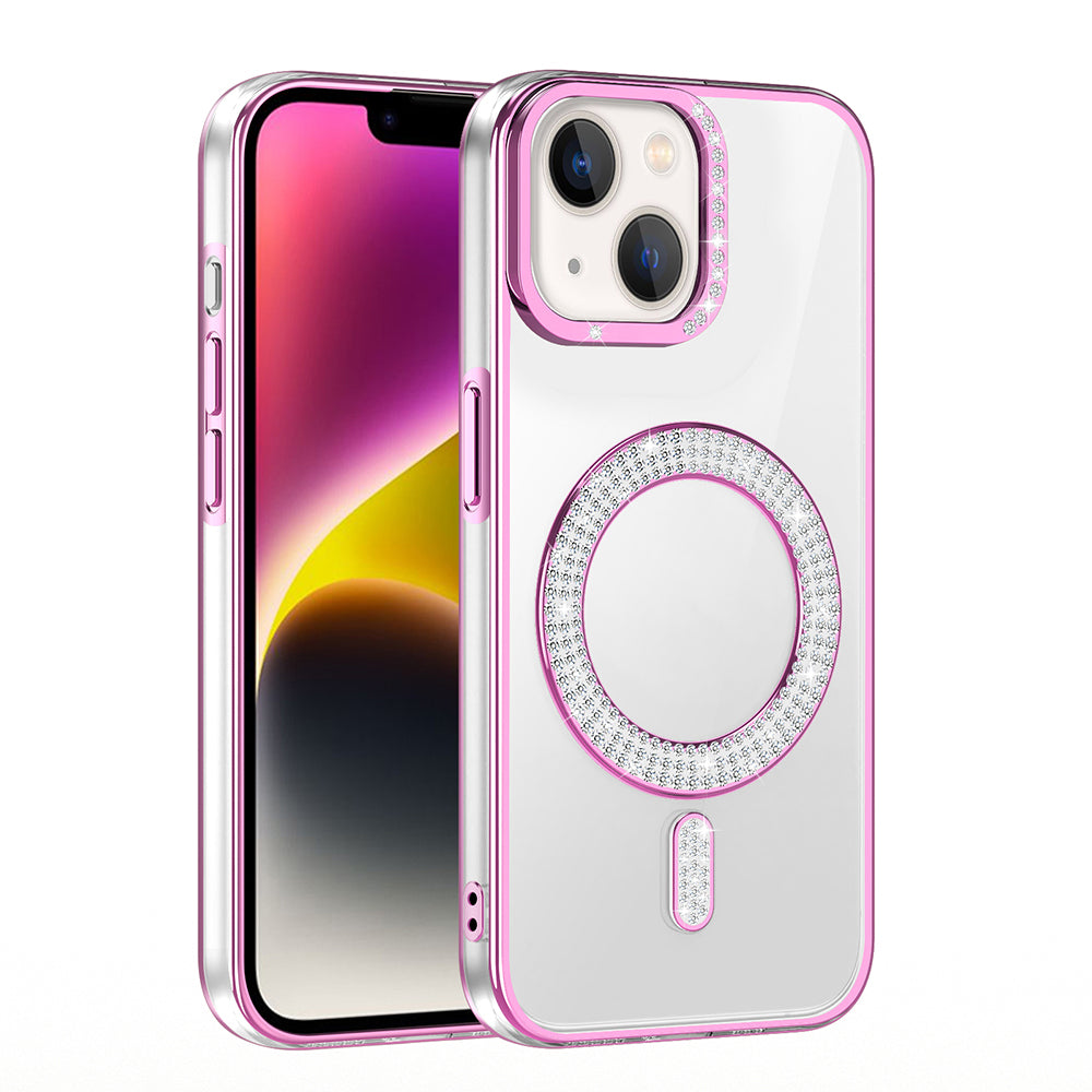 Apple iPhone 14 Kılıf Pırlanta Taş Tasarımlı M-safe Şarj Özellikli Zore Karetta Silikon Kapak Rose Gold