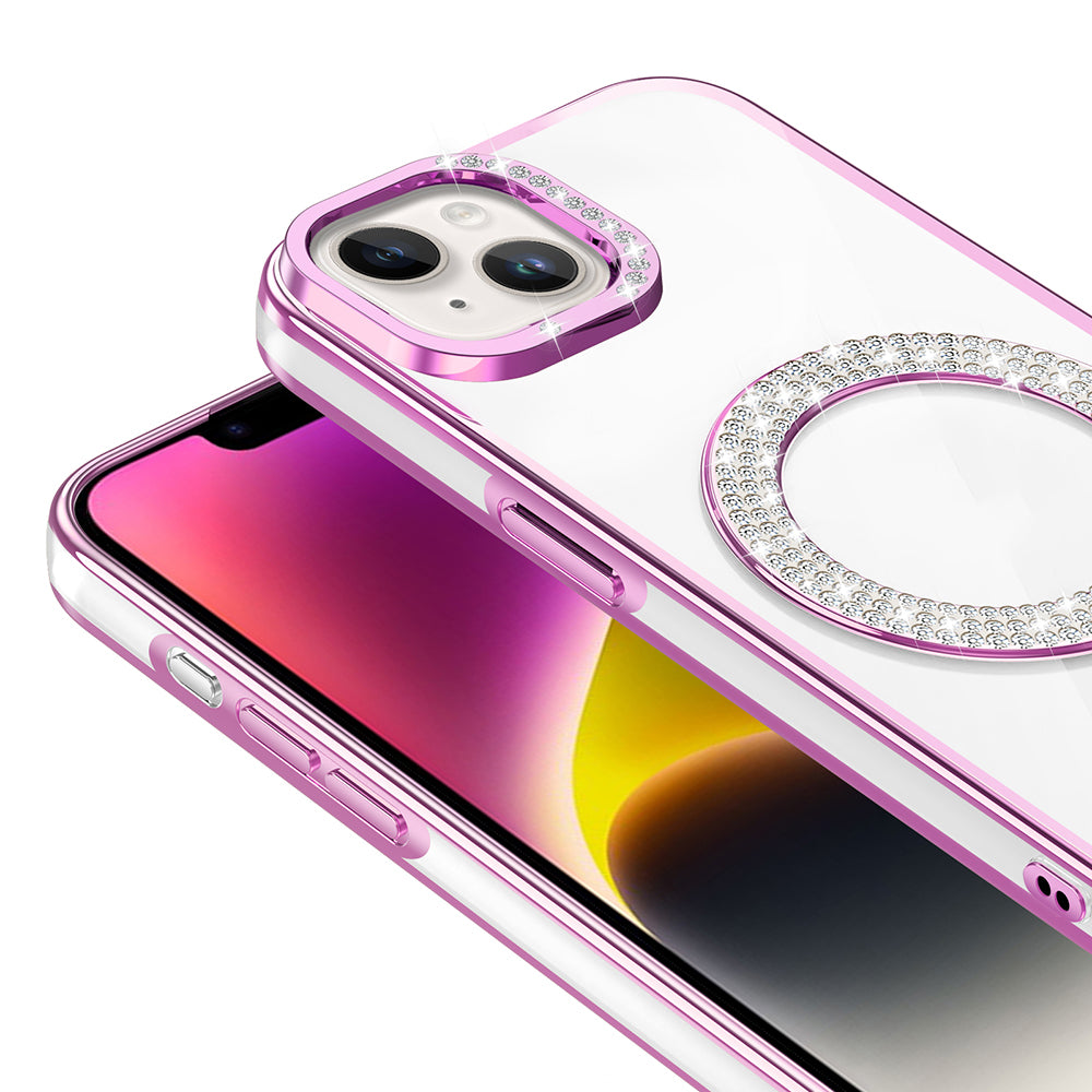 Apple iPhone 14 Kılıf Pırlanta Taş Tasarımlı M-safe Şarj Özellikli Zore Karetta Silikon Kapak Gold