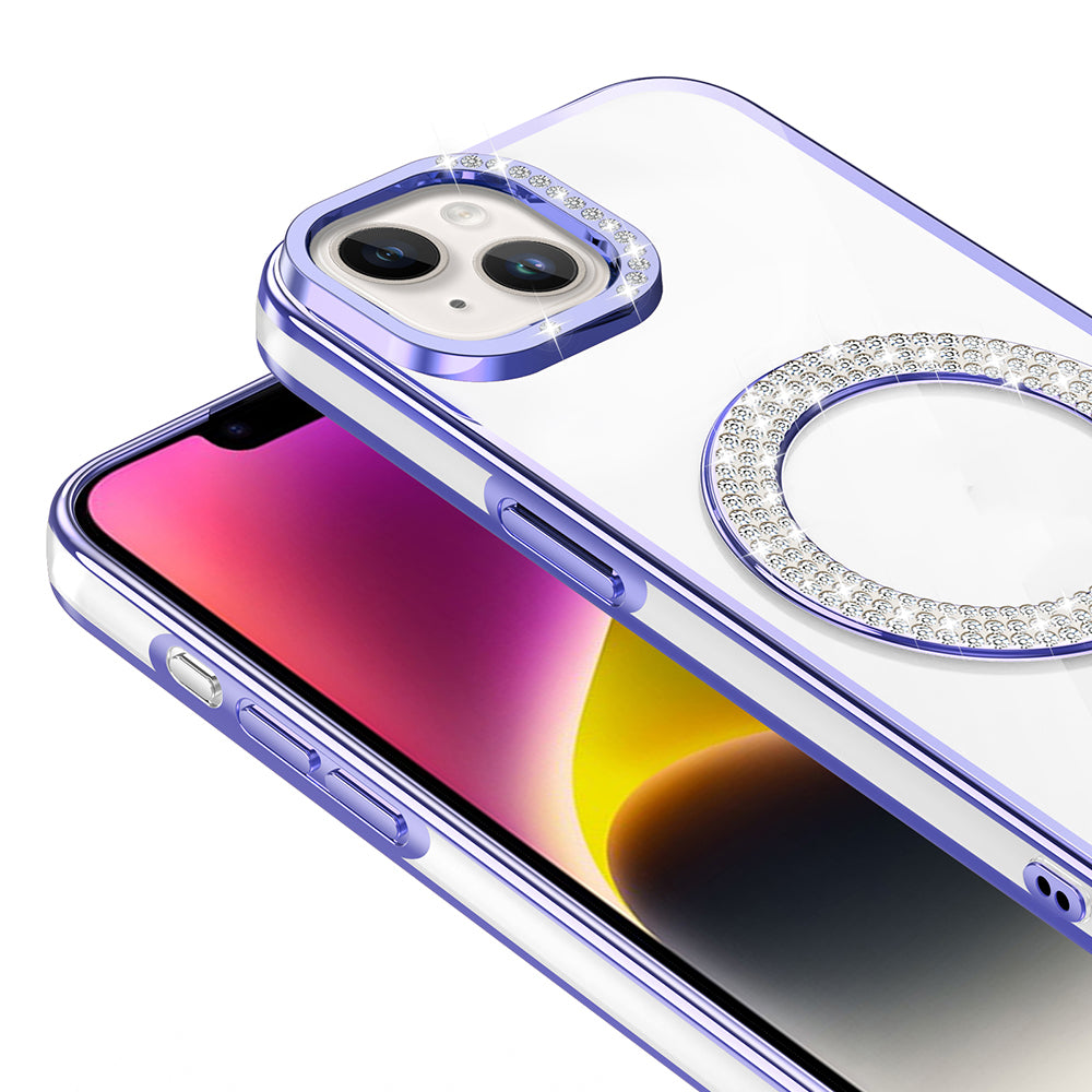 Apple iPhone 14 Kılıf Pırlanta Taş Tasarımlı M-safe Şarj Özellikli Zore Karetta Silikon Kapak Gold
