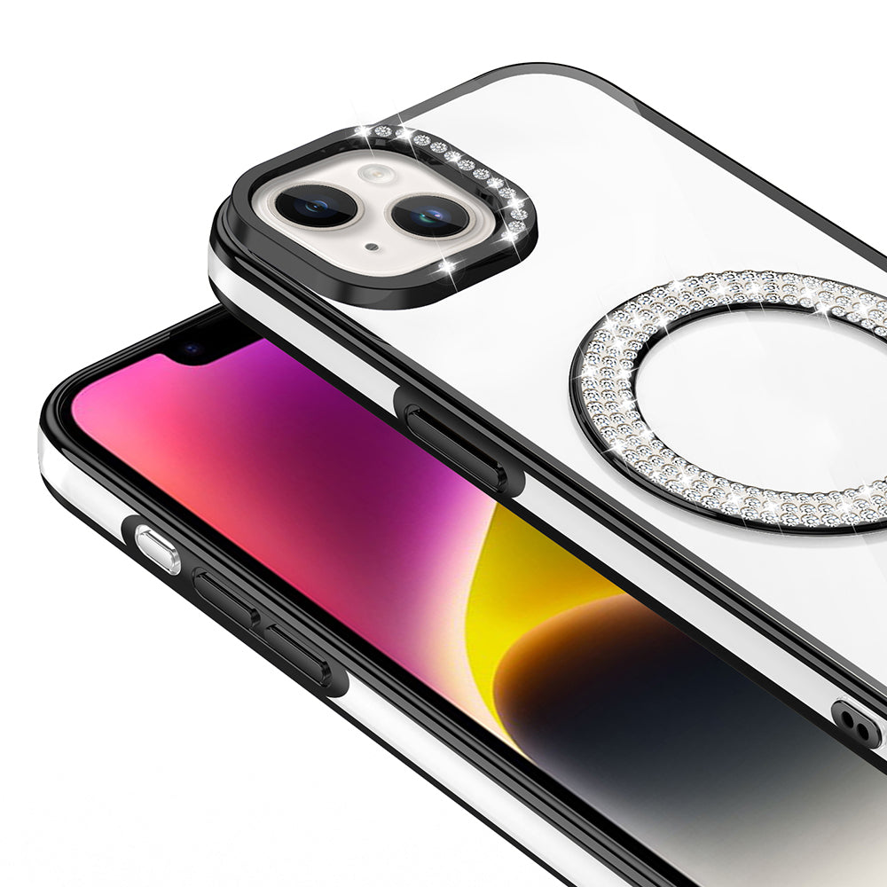 Apple iPhone 14 Kılıf Pırlanta Taş Tasarımlı M-safe Şarj Özellikli Zore Karetta Silikon Kapak Rose Gold