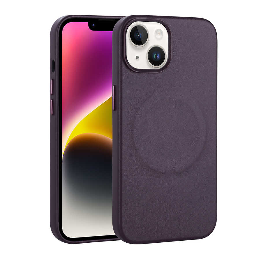Apple iPhone 14 Kılıf PU Deri M-safe Wireless Şarj Özellikli Zore Derix Kapak Derin Mor