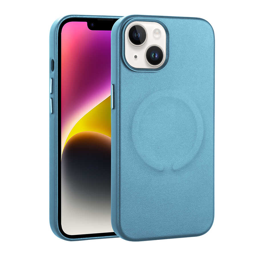 Apple iPhone 14 Kılıf PU Deri M-safe Wireless Şarj Özellikli Zore Derix Kapak Mavi
