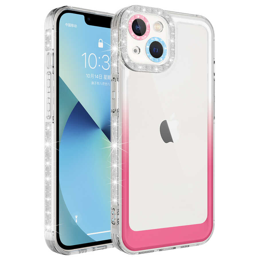 Apple iPhone 14 Kılıf Simli ve Renk Geçiş Tasarımlı Lens Korumalı Zore Park Kapak Mor-Beyaz