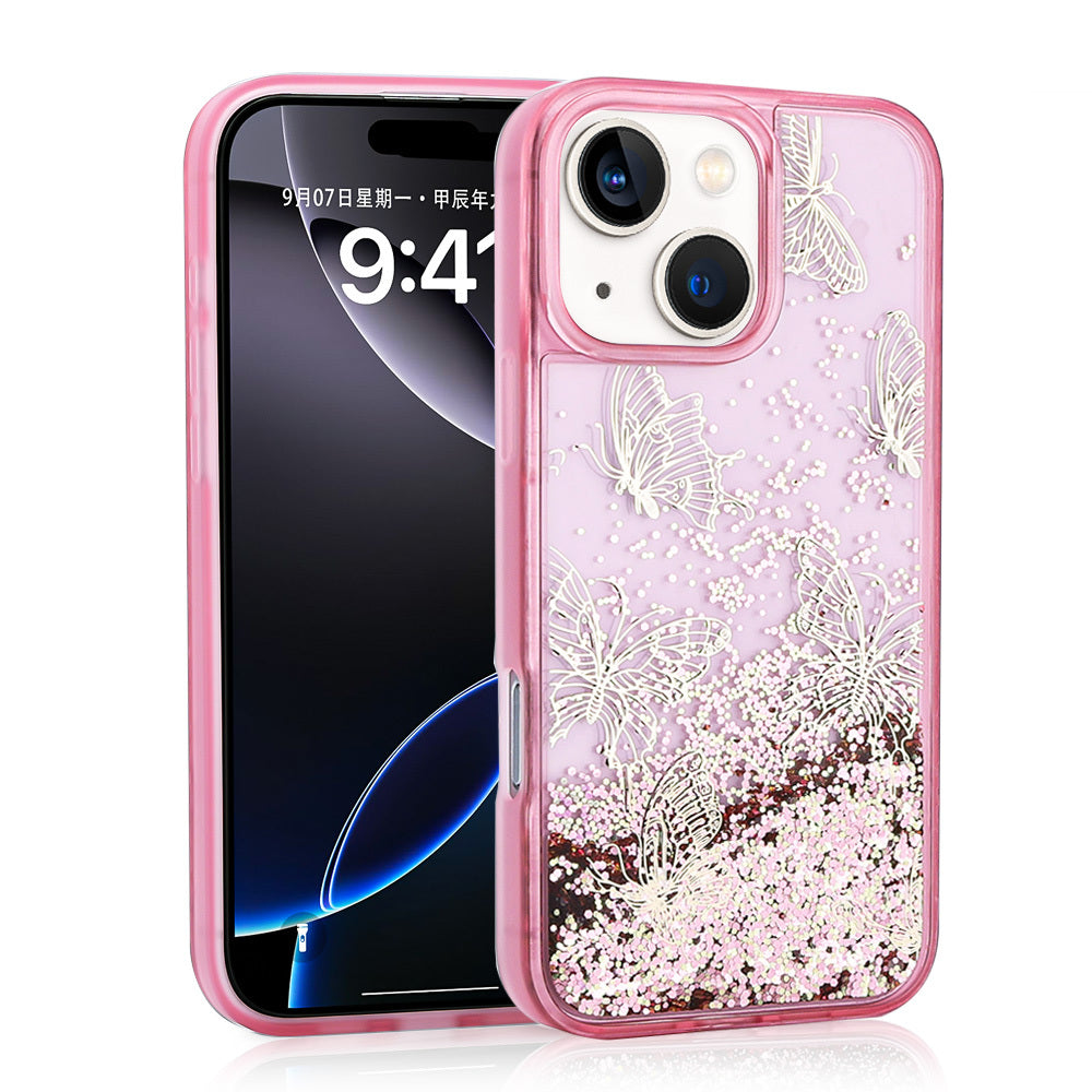 Apple iPhone 14 Kılıf Sıvılı Simli Kelebek Baskılı Şeffaf Arka Yüzey Zore Glis Silikon Kapak Pembe