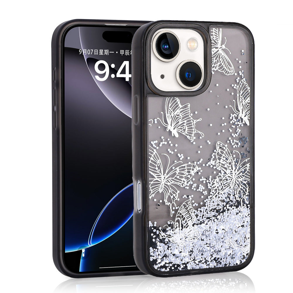 Apple iPhone 14 Kılıf Sıvılı Simli Kelebek Baskılı Şeffaf Arka Yüzey Zore Glis Silikon Kapak Siyah