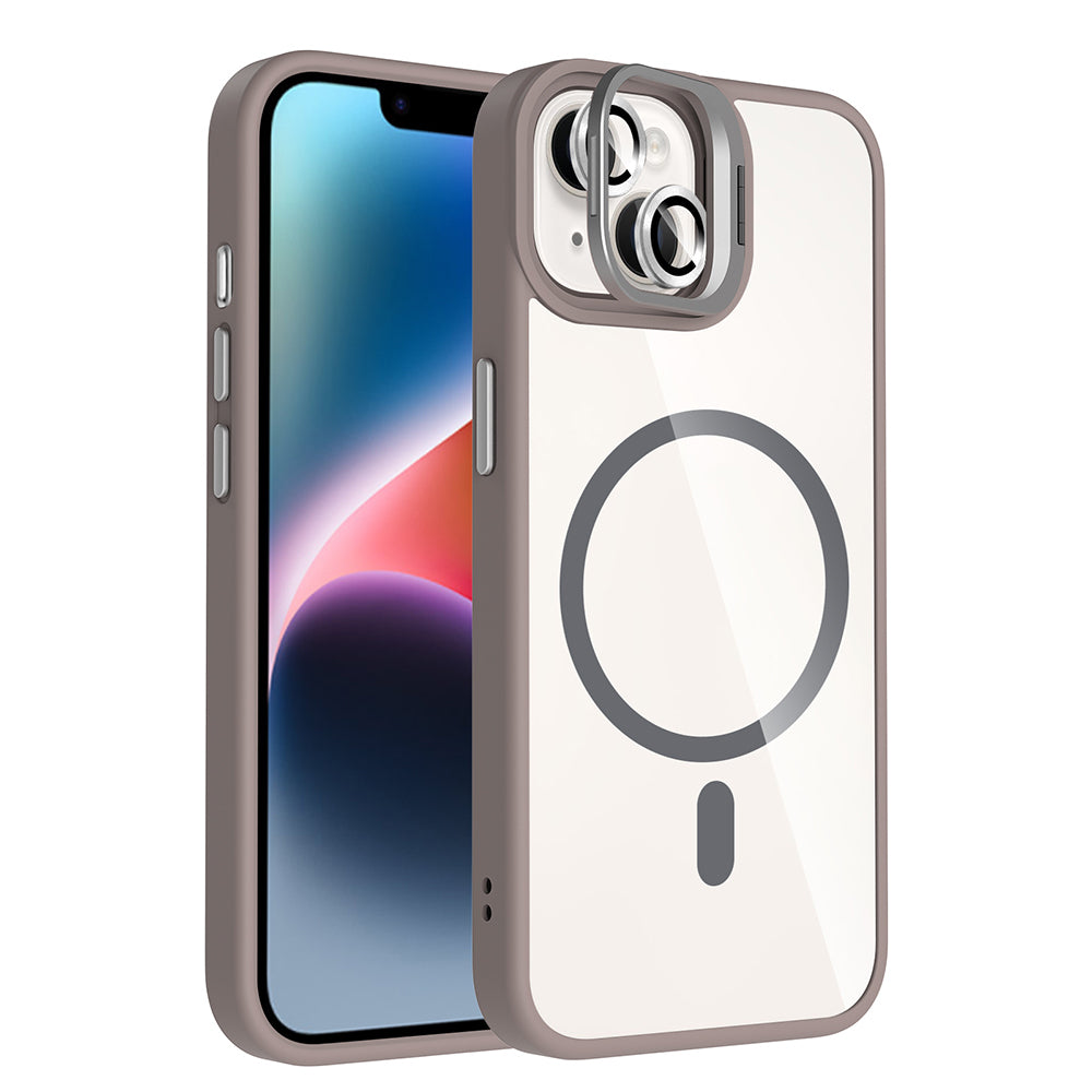 Apple iPhone 14 Kılıf Standlı ve Kamera Lens Hediyeli M-Safe Şarj Özellikli Zore Etro Kapak Gri