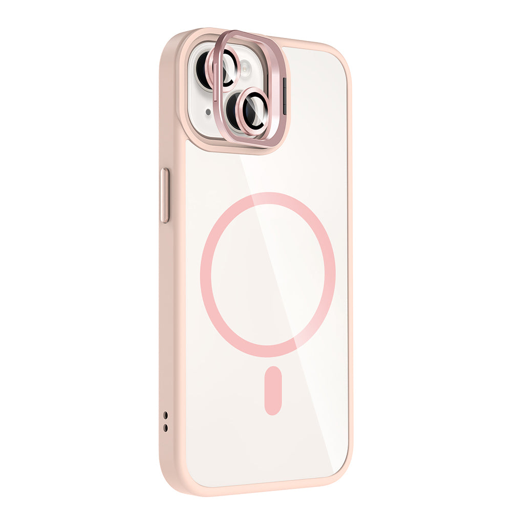 Apple iPhone 14 Kılıf Standlı ve Kamera Lens Hediyeli M-Safe Şarj Özellikli Zore Etro Kapak Pembe