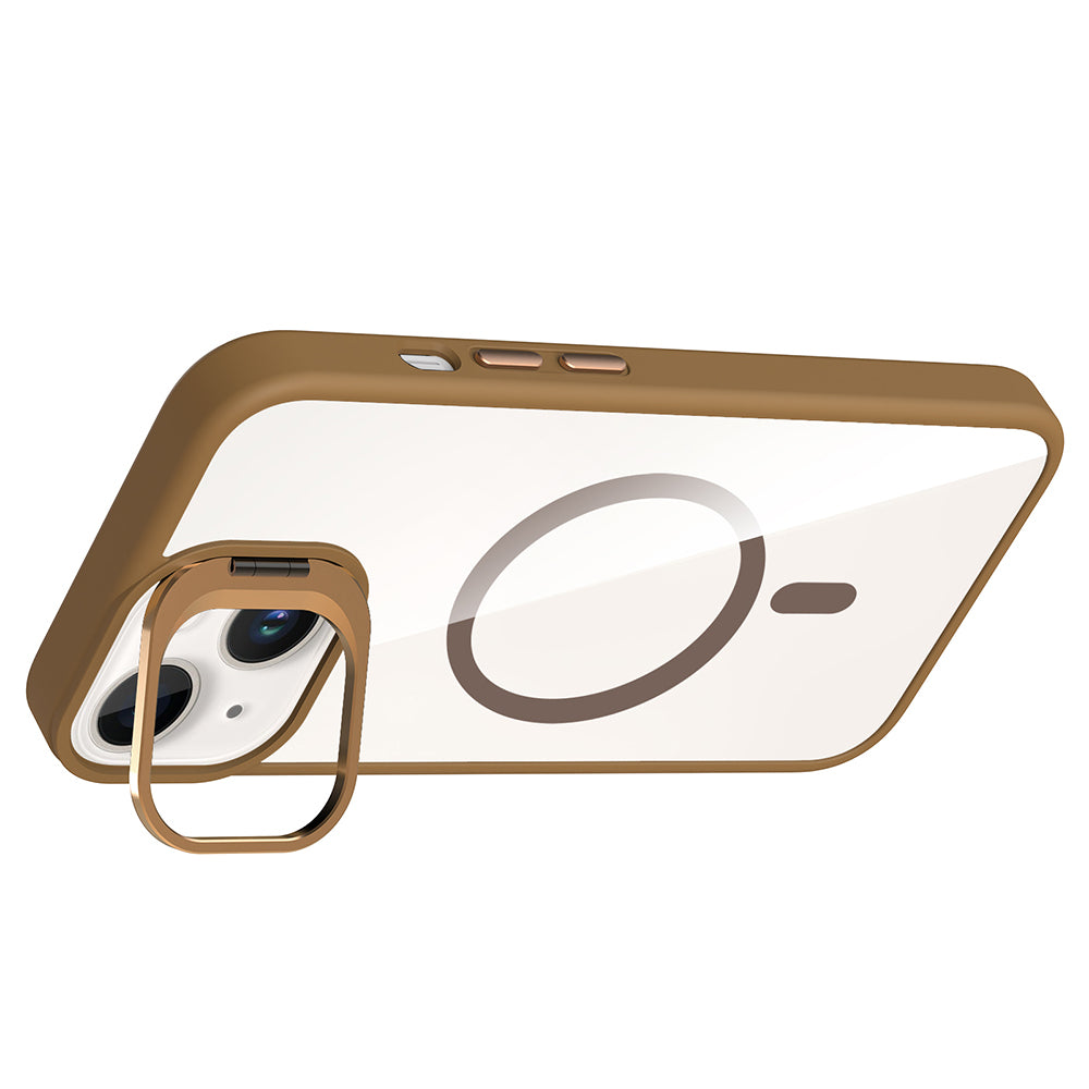 Apple iPhone 14 Kılıf Standlı ve Kamera Lens Hediyeli M-Safe Şarj Özellikli Zore Etro Kapak Gri
