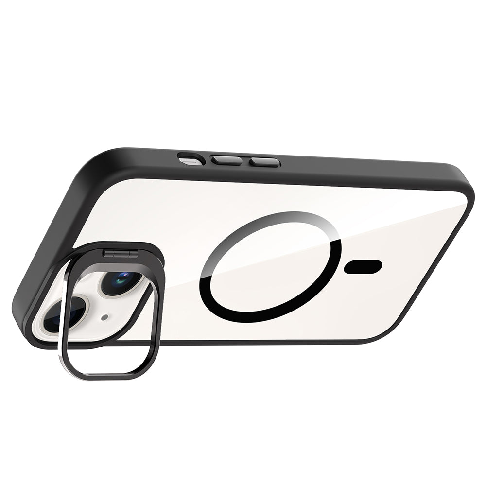 Apple iPhone 14 Kılıf Standlı ve Kamera Lens Hediyeli M-Safe Şarj Özellikli Zore Etro Kapak Gri