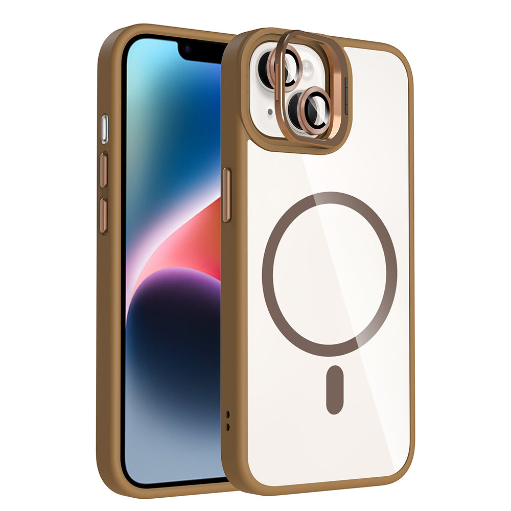 Apple iPhone 14 Kılıf Standlı ve Kamera Lens Hediyeli M-Safe Şarj Özellikli Zore Etro Kapak Desert Titanyum