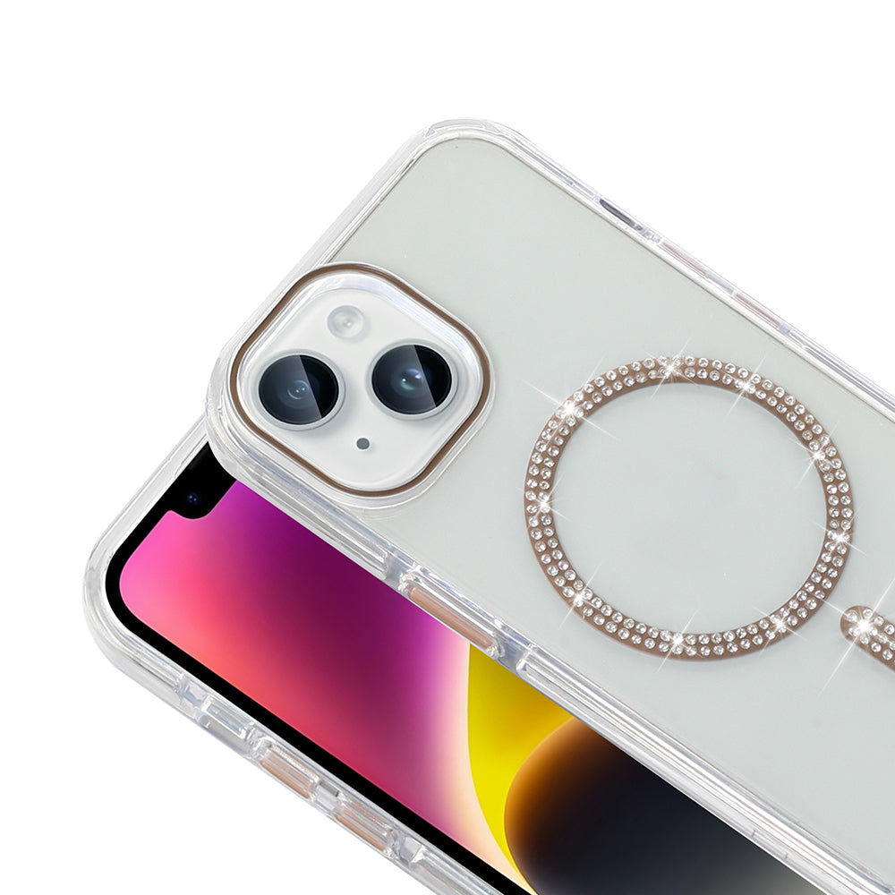 Apple iPhone 14 Kılıf Taşlı Tasarım M-safe Şarj Özellikli Zore Koment Silikon Kapak Gümüş