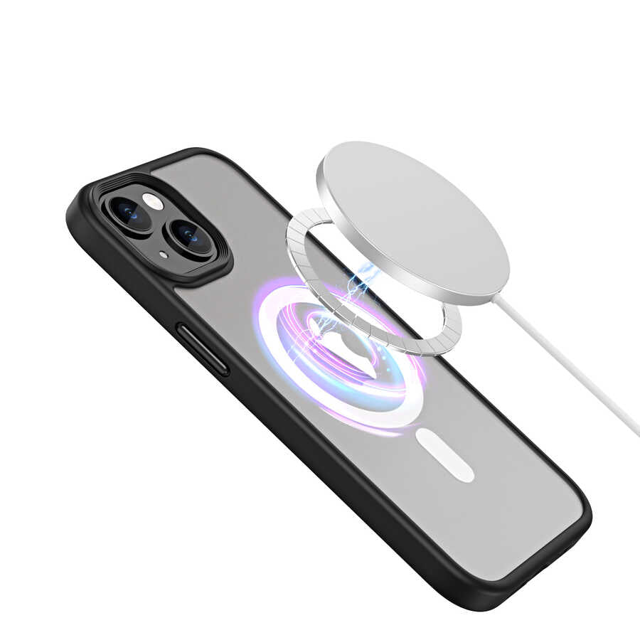 Apple iPhone 14 Kılıf Wireless Şarj Özellikli Zore Hibrit M-safe Kapak Mavi Açık