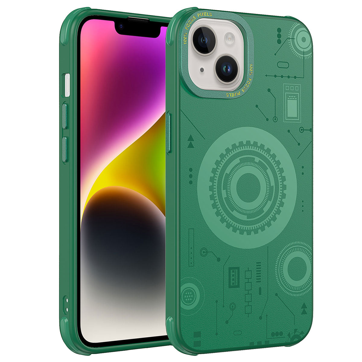 Apple iPhone 14 Kılıf Zore Wireless Şarj Özellikli Desenli Hot Kapak Koyu Yeşil