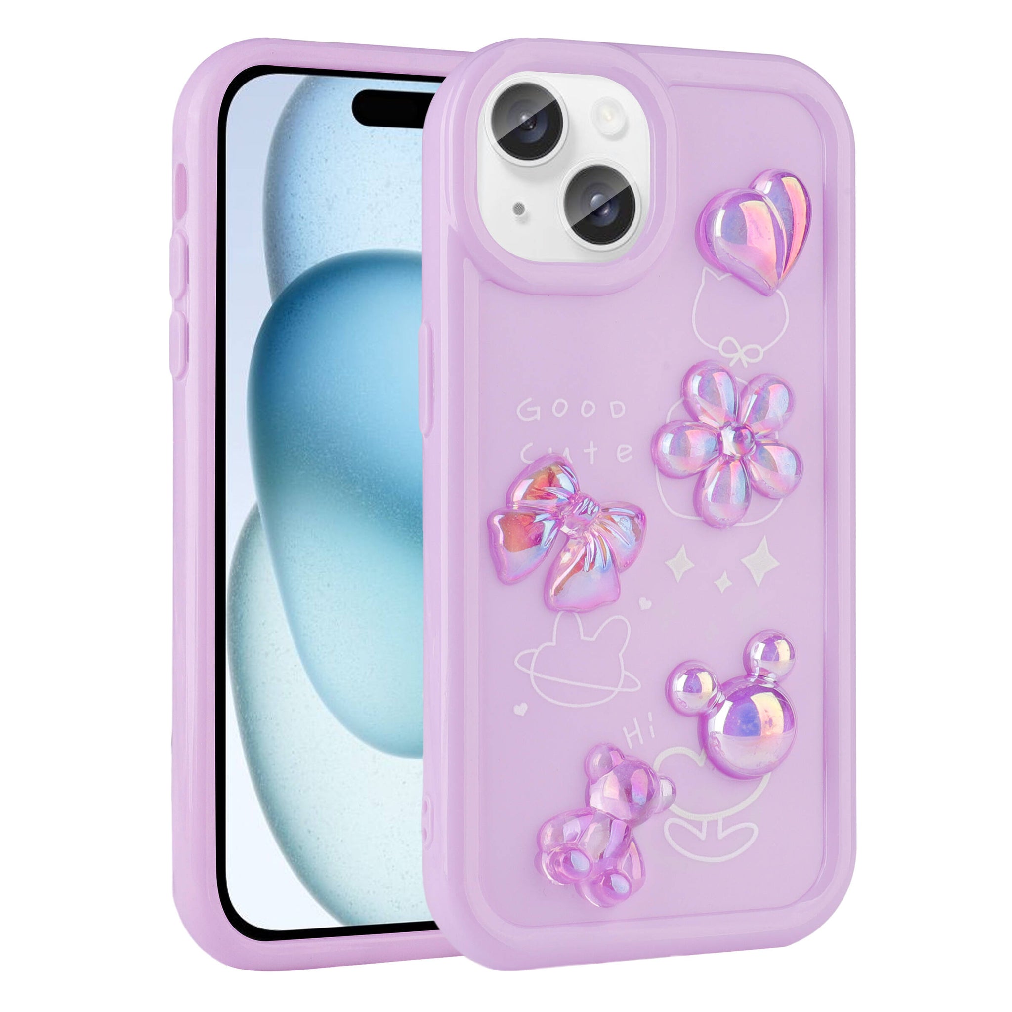 Apple iPhone 14 Plus Kılıf Kabartma Figürlü Parlak Zore Toys Silikon Kapak Mor