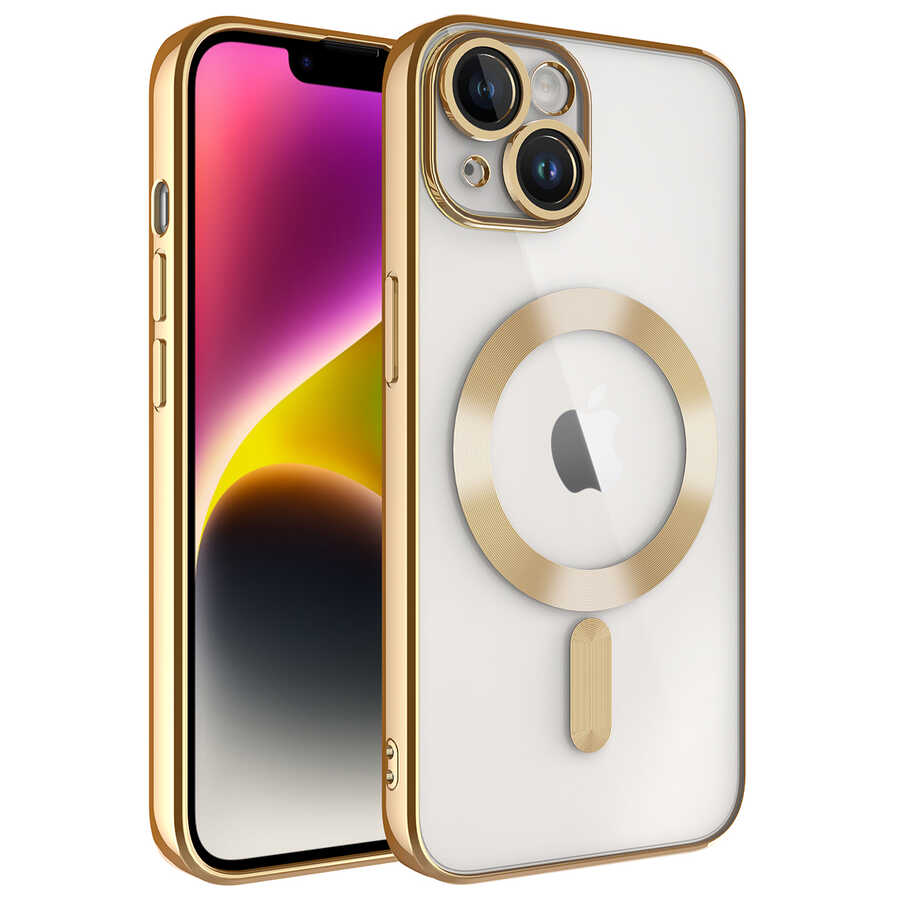 Apple iPhone 14 Plus Kılıf Kamera Korumalı M-safe Wireless Şarj Özellikli Zore Demre Kapak Gold