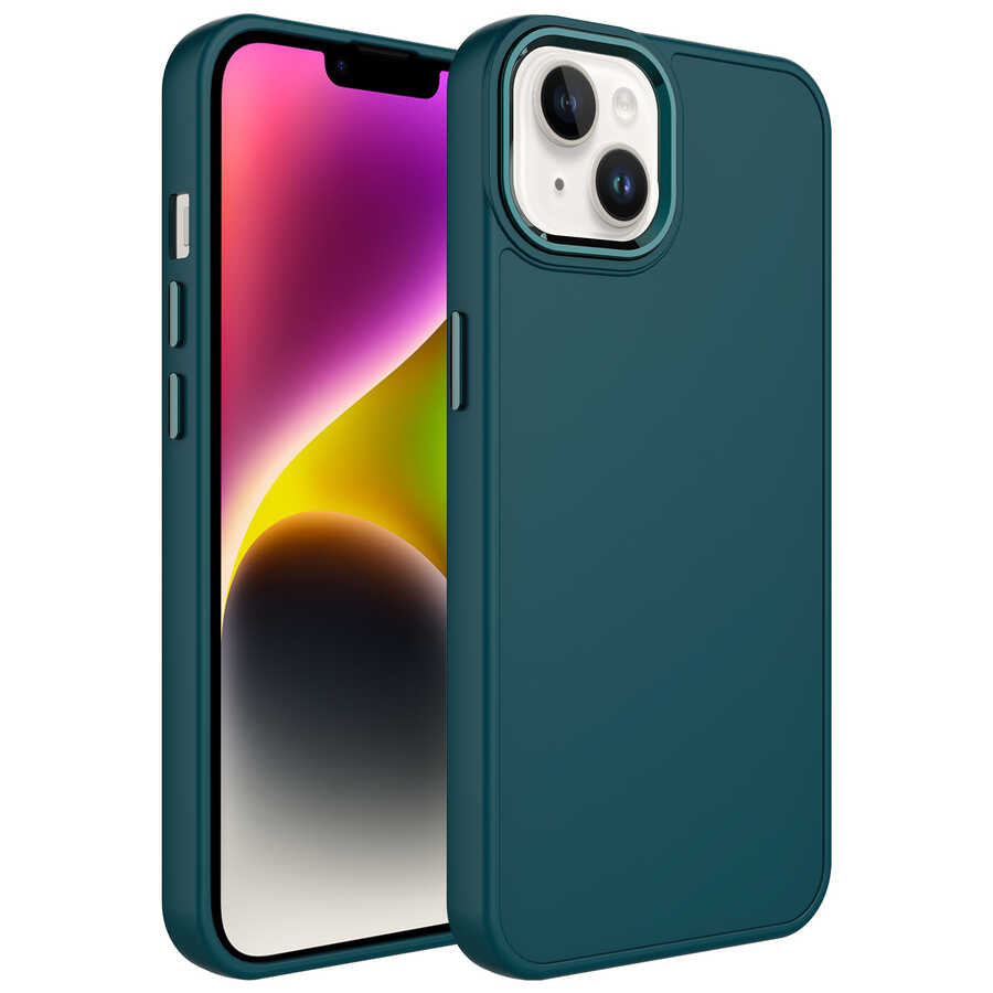 Apple iPhone 14 Plus Kılıf Metal Çerçeve ve Buton Tasarımlı Silikon Zore Luna Kapak Koyu Yeşil