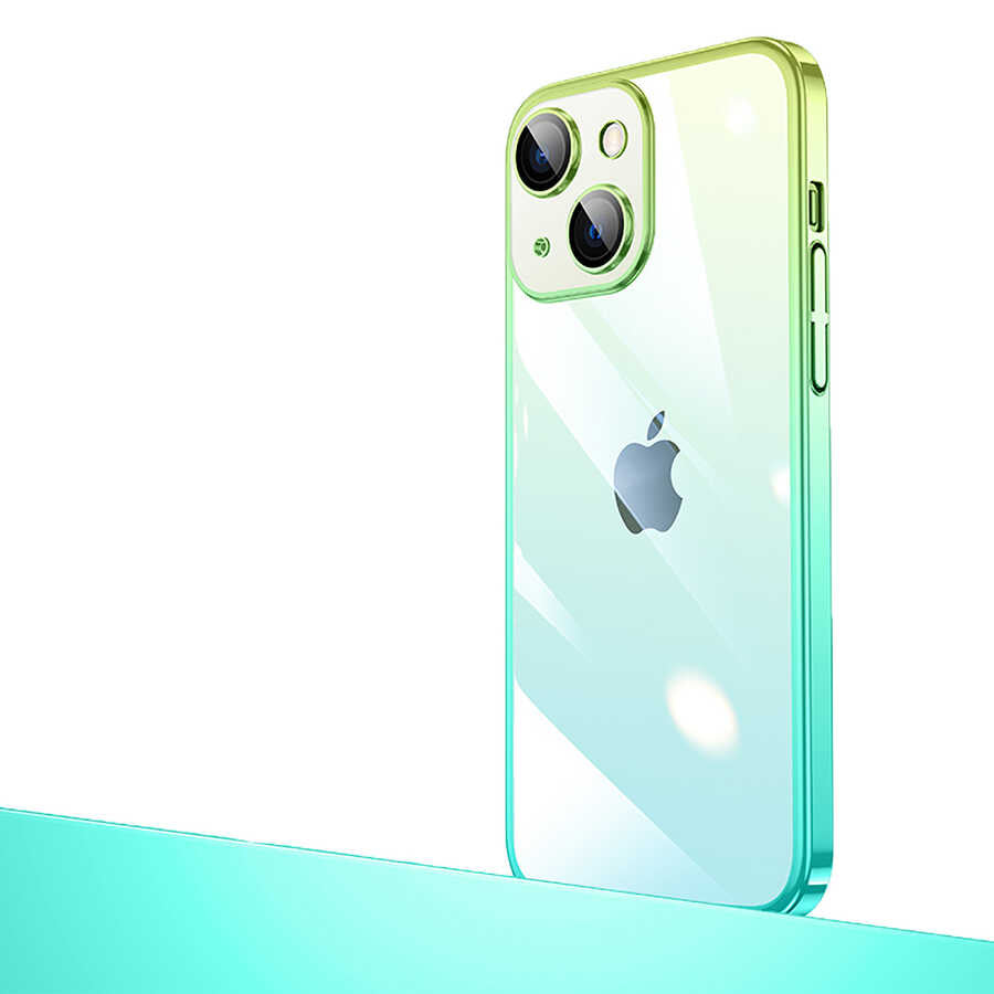 Apple iPhone 14 Plus Kılıf Parlak Renk Geçişli Kamera Korumalı Zore Senkron Kapak Yeşil-Mavi