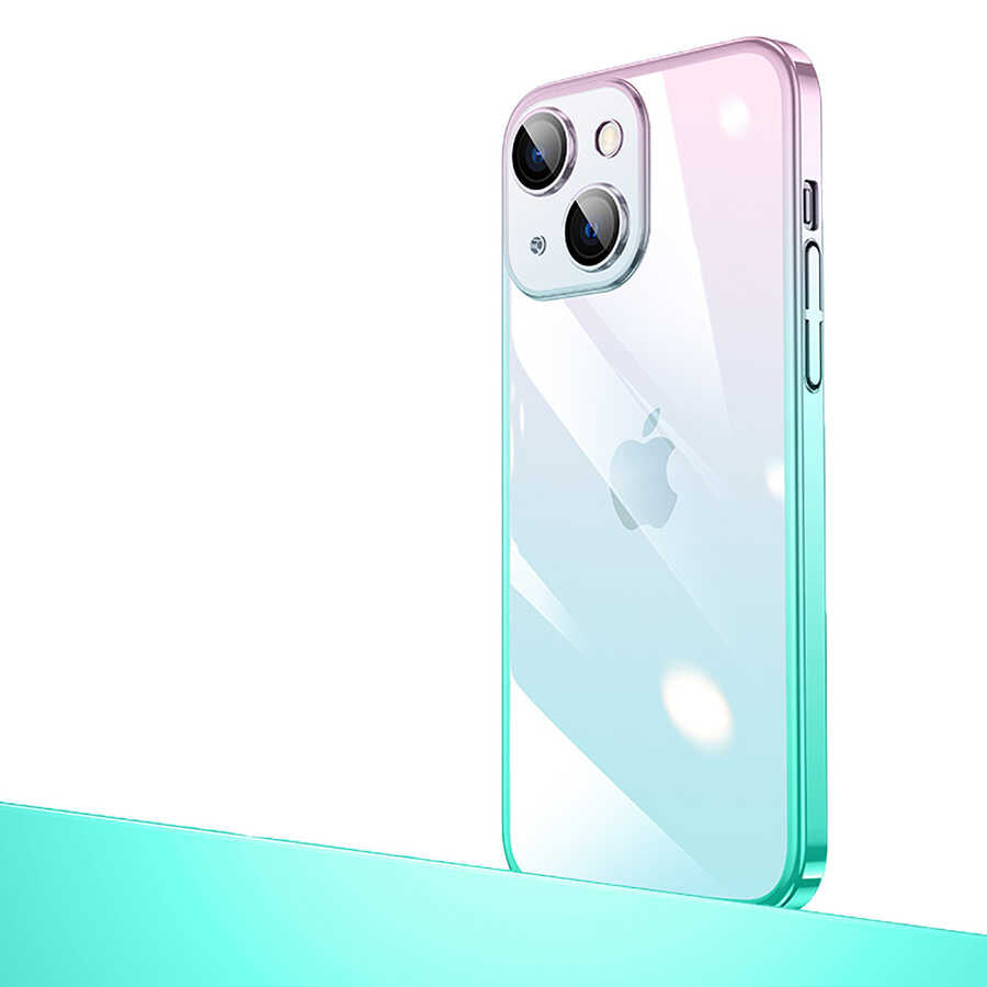 Apple iPhone 14 Plus Kılıf Parlak Renk Geçişli Kamera Korumalı Zore Senkron Kapak Pembe-Mavi