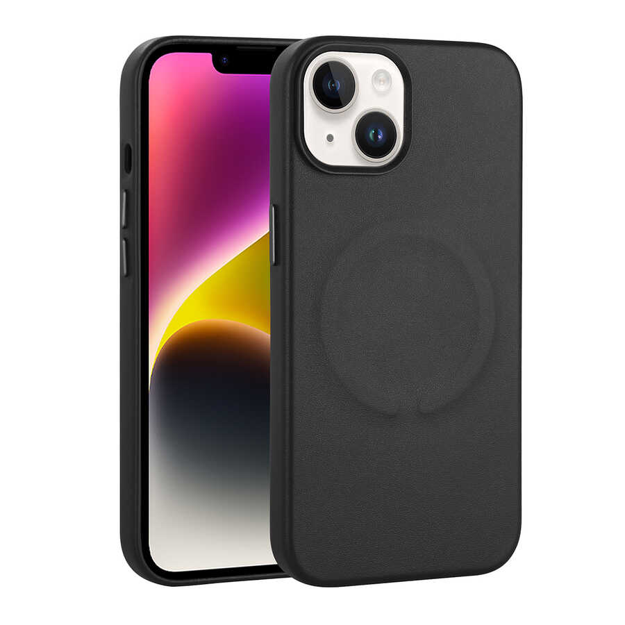Apple iPhone 14 Plus Kılıf PU Deri M-safe Wireless Şarj Özellikli Zore Derix Kapak Siyah